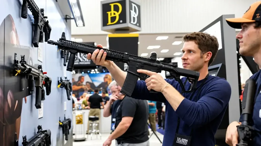 Un usuario probado un rifle automático en una exhibición en la Ciudad de Buenos Aires.