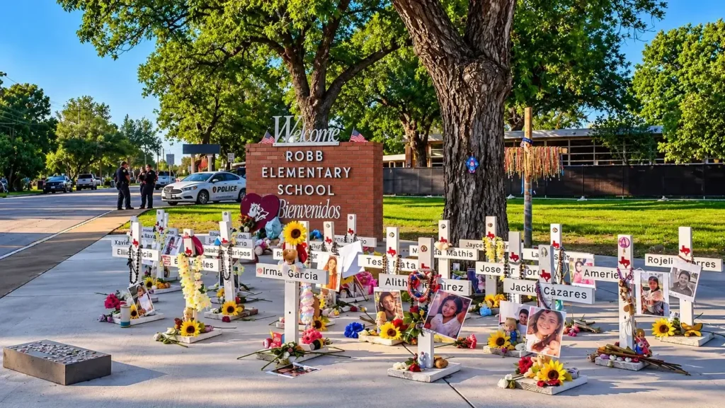 Uvalde, Texas — 24 de mayo de 2022. Uvalde, Texas, conmemora el primer aniversario del fatal tiroteo escolar. Un exalumno asesinó a 17 personas en la escuela secundaria Marjory Stoneman Douglas. Otras 17 resultaron heridas. El ataque fue cometido con un rifle semiautomático de plataforma AR-15.