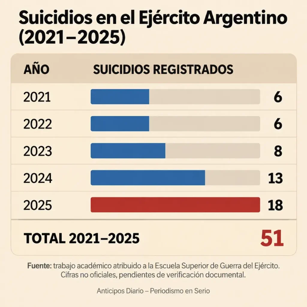 Suicidios en el Ejército Argentino 2021–2025. No hay datos oficiales o extraoficiales de la Fuerza Aérea y la Marina.