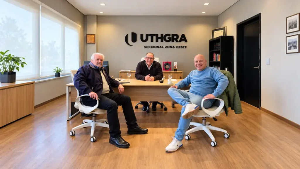 En el sillón de UTHGRA, Domingo Bruno. A la izquierda, Oscar El Gringo Rizzo y a la derecha el dirigente gremial y concejal Alfonso Martínez.