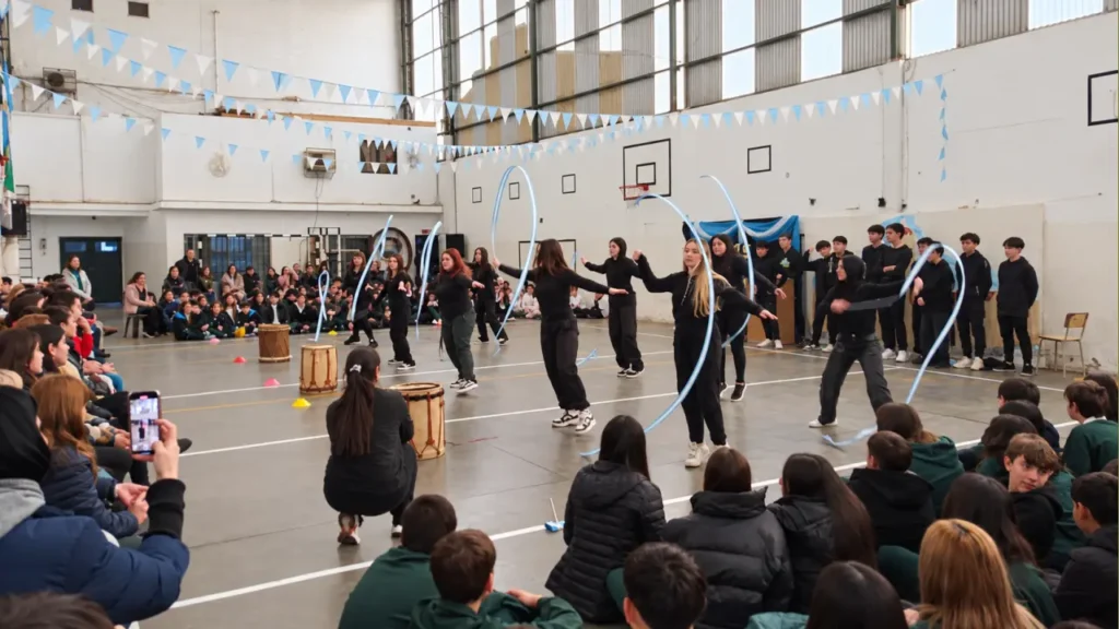 Una actividad de coordinación reunió a estudiantes en el gimnasio, mientras familiares y docentes seguían la propuesta.