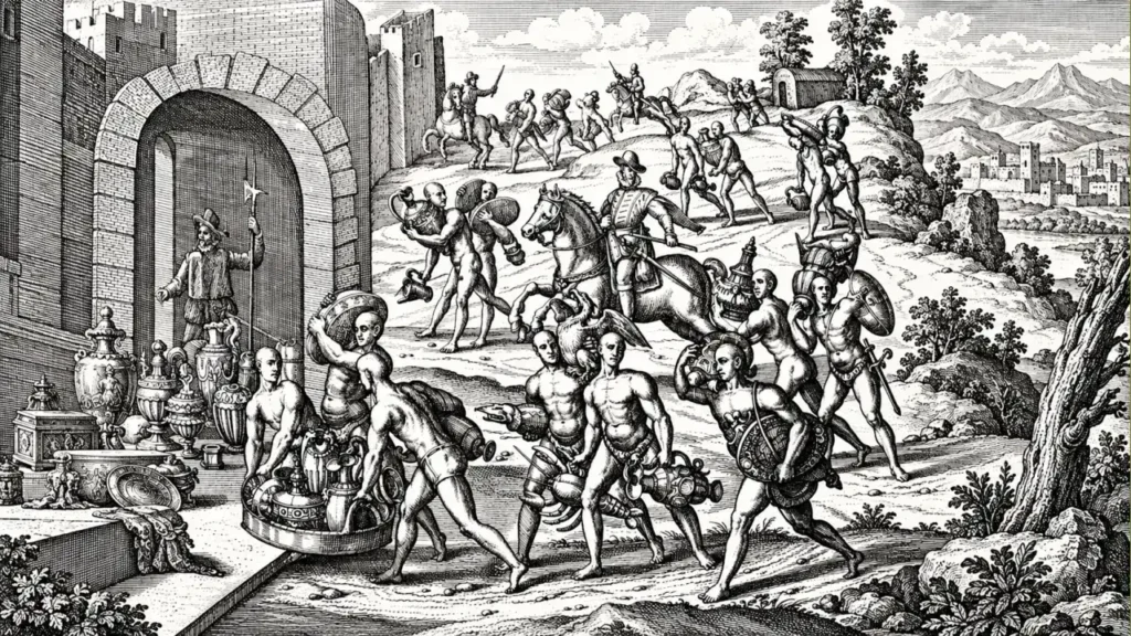 Oro y plata reunidos para el rescate de Atahualpa. Grabado del siglo XVI. Autor desconocido.