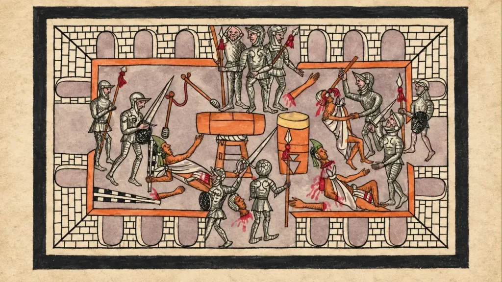 El Códice Durán (escrito a finales del siglo XVI por el fraile dominico Diego Durán) representa la Matanza de Tóxcatl o del Templo Mayor, ocurrida en mayo de 1520 en México-Tenochtitlan. Es uno de los testimonios visuales coloniales más crudos del quiebre definitivo entre españoles y mexicas.